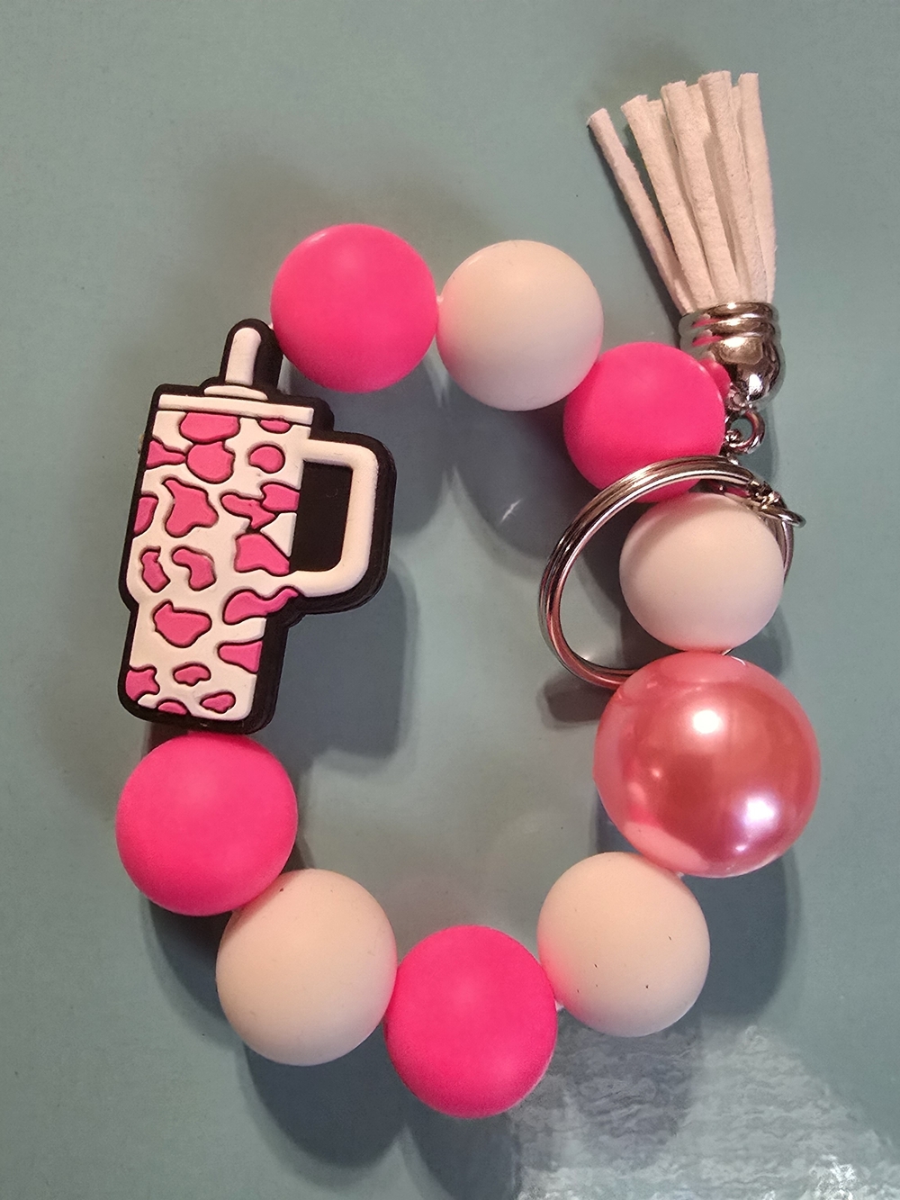 Pink and White Tumbler Beaded Keychain Wristlet with Cup Charm